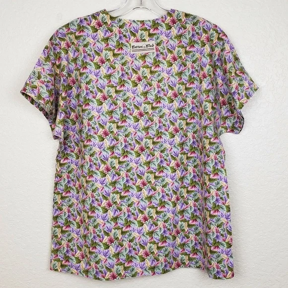 Cotton Club Scrub Top Multi-Color Leaf Pattern V-Neck 100% Cotton - Size Medium - Picture 2 of 5